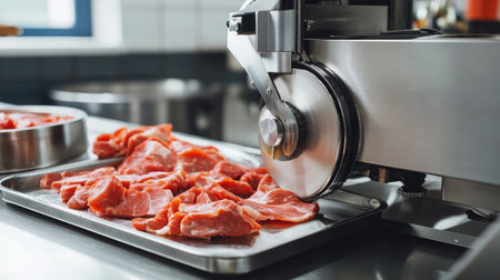 Stainless steel meat slicer with freshly cut beef slices neatly arranged on a tray in a clean processing facilityの素材