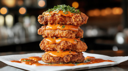 Spicy fried chicken wings stacked on parchment paper, glistening with sticky red sauce and herbsの素材