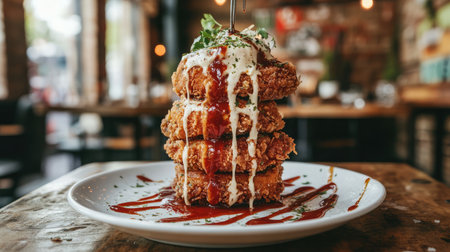 Tangy hot sauce dripping from stacked fried chicken on a white dish with garnish linesの素材