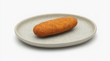 Single piece of fried chicken coated in chili sauce on a textured ceramic plate with minimal garnishの素材