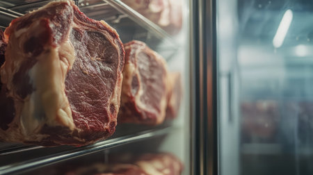 Steel hooks suspending sides of beef inside a commercial refrigeration unitの素材
