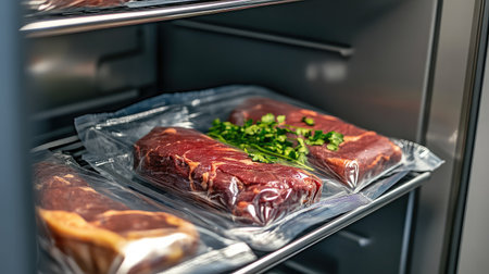 Vacuum-sealed roast beef packs in industrial refrigerator on metal shelvingの素材