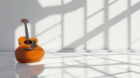 Wooden acoustic guitar on a white marble floor in a minimalist, bright interiorの素材