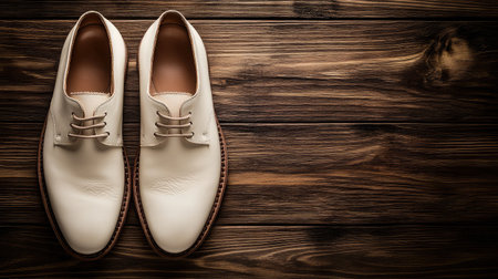 Contrast shot of white flat-soled leather shoes on a dark wood plank backgroundの素材