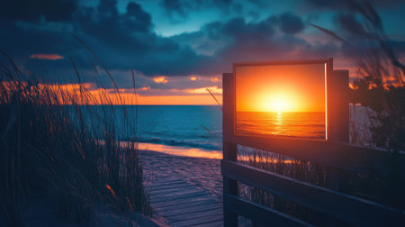 A photo print of a glowing sea pinned to a boardwalk rail with ocean behindの素材