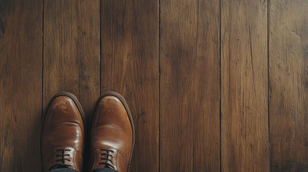 A pair of brown leather shoes with flat soles arranged neatly on a rustic wooden floor, highlighted by soft natural lightの素材