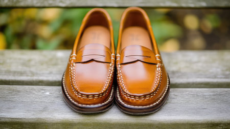 High-quality close-up of stitching detail on flat-soled leather shoes placed on a wooden benchの素材