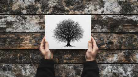 Close-up of tree sketch held delicately between open palms over a wooden table backgroundの素材