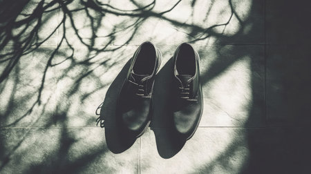 Moody shadow shot of flat leather shoes on a slate stone backgroundの素材