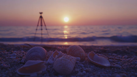 Tripod silhouette and sea shells near ocean foam glowing under sunset huesの素材