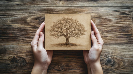 Close-up of tree sketch held delicately between open palms over a wooden table backgroundの素材