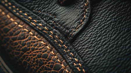 Close-up detail of leather grain and sole edge with neutral backdrop for texture emphasisの素材