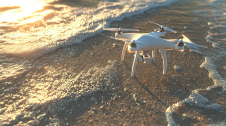 Small drone in mid-liftoff from the beach with warm sun rays reflecting off the ocean surfaceの素材