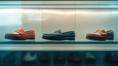 Studio photo of luxury leather loafers with flat soles on a glass shelf displayの素材