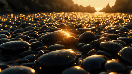 Seaside pebbles and open lens filters catching golden light under backlit ocean viewの素材