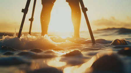 Tripod silhouette and sea shells near ocean foam glowing under sunset huesの素材