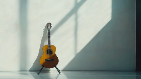 Acoustic guitar on a black stand against a white textured wall in a modern studio spaceの素材