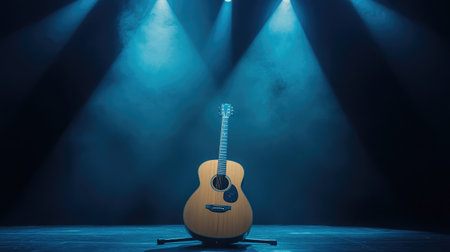 Acoustic guitar on stage in dramatic spotlight with foggy atmosphere behindの素材