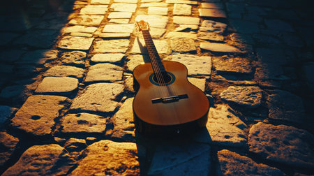 Acoustic guitar placed on a stone floor with soft rays of sunlight creating contrastの素材