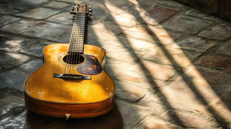 Acoustic guitar placed on a stone floor with soft rays of sunlight creating contrastの素材