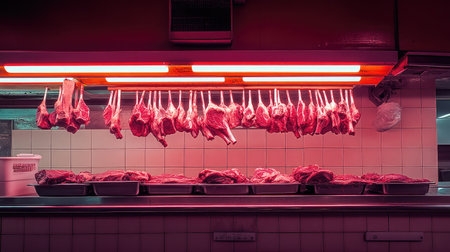 Disinfected table displaying lamb chops under bright fluorescent lightsの素材