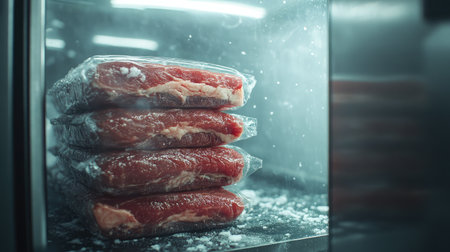Vacuum-sealed meat cuts stacked inside a commercial cold storage area with visible frostの素材