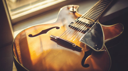 Sunlight reflecting off the glossy body of an acoustic guitar placed near a window sillの素材