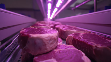 Barcoded beef cuts cooling on trays under overhead LED lighting in clean roomの素材