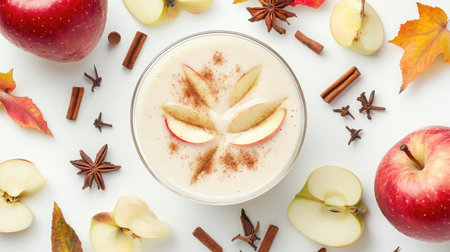 Apple smoothie with fresh slices and sprinkle of cinnamon on clean white backgroundの素材