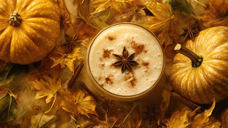 Autumn-themed smoothie with pumpkin and spice, decorated with star anise and cinnamonの素材