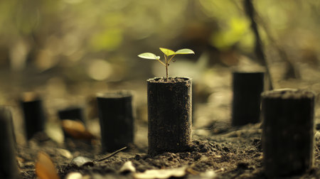 A biodegradable tree guard surrounding a young tree in a reforestation areaの素材