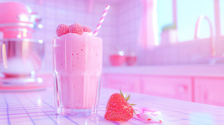 Berry smoothie topped with fresh strawberries and a paper straw in pastel kitchen settingの素材