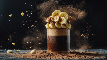 Chocolate banana smoothie with layered texture and cocoa dustingの素材