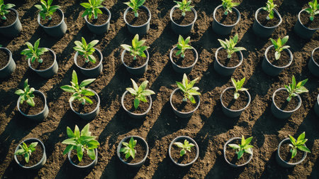 Birds-eye view of trees in biodegradable pots spread across tilled farmlandの素材