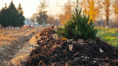 Compost pile beside a trench lined with small trees planted for windbreakの素材