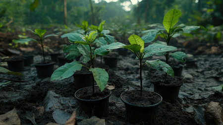 Early morning light casting shadows over saplings planted in a rural landscapeの素材