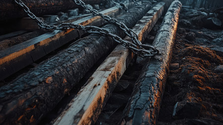 Logging chains and steel tools laid on top of sawn timber stackの素材