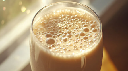 Smoothie in a glass with tiny bubbles, reflecting morning light on a windowsillの素材