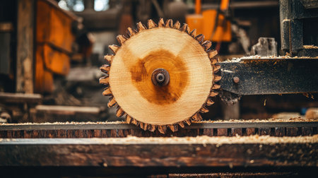Industrial log saw machine with timber segments on a conveyor belt at a sawmillの素材