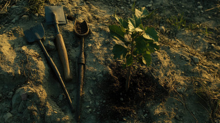 Gardening tools resting beside a sapling ready to be planted on grassy terrainの素材