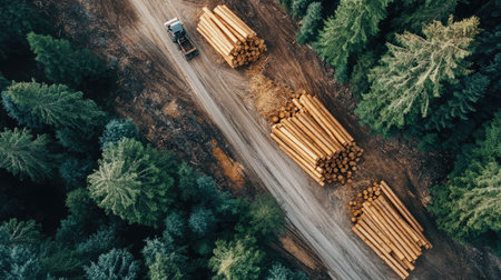 Forest logging road winding through cut trees and timber debrisの素材