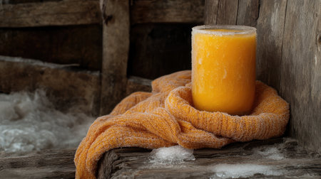 Icy smoothie with frozen fruits and frost on the glass set on a rustic wooden surfaceの素材