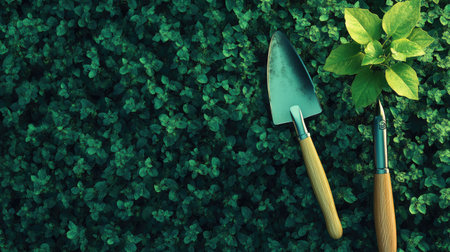 Gardening tools resting beside a sapling ready to be planted on grassy terrainの素材