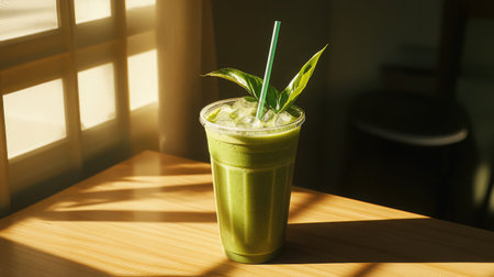 Fresh avocado smoothie in a clear cup with ice cubes and green garnishの素材