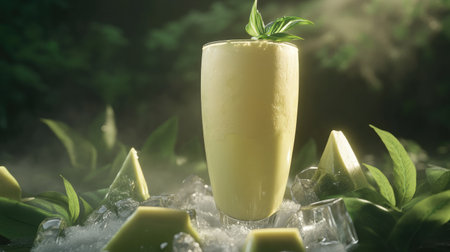 Fresh avocado smoothie in a clear cup with ice cubes and green garnishの素材