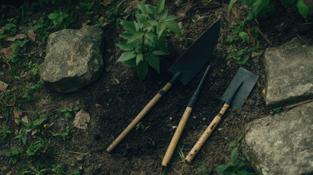 Gardening tools resting beside a sapling ready to be planted on grassy terrainの素材