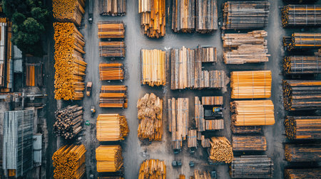 Overhead view of timber cut into various sizes arranged in labeled pilesの素材
