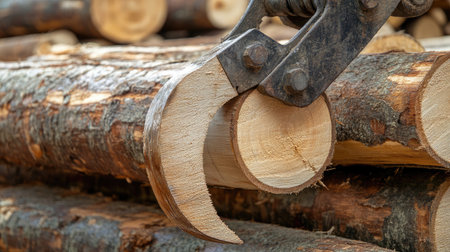 Crane claw gripping large timber logs during industrial log sorting operationの素材