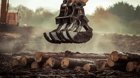 Crane claw gripping large timber logs during industrial log sorting operationの素材