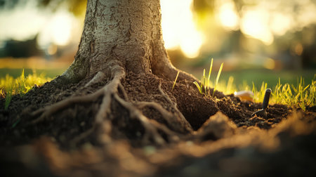 Tree roots being gently covered by soil, surrounded by grass and gardening toolsの素材